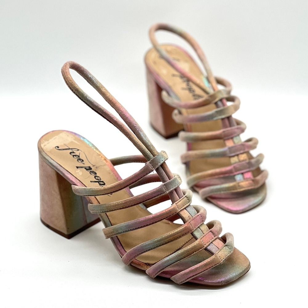 FREE PEOPLE Sandals Women 39 Metallic Rainbow Colette Leather Strappy Block Heel